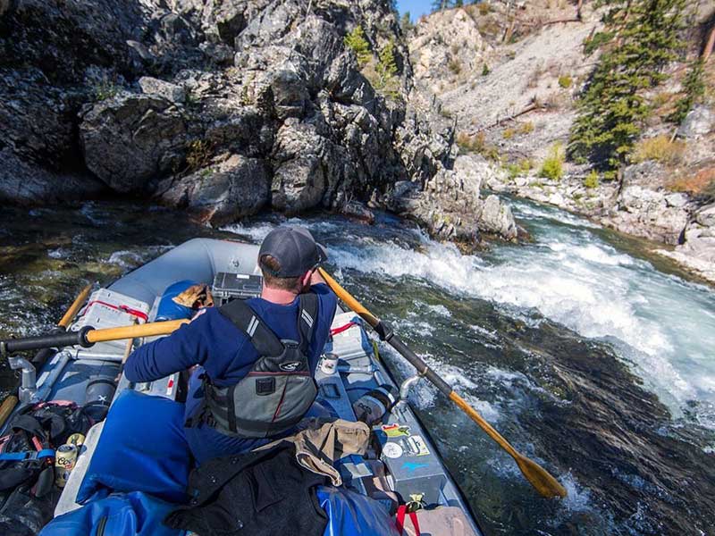 POV of a boater running the left line at Pistol Creek Rapid on the Middle Fork of the Salmon