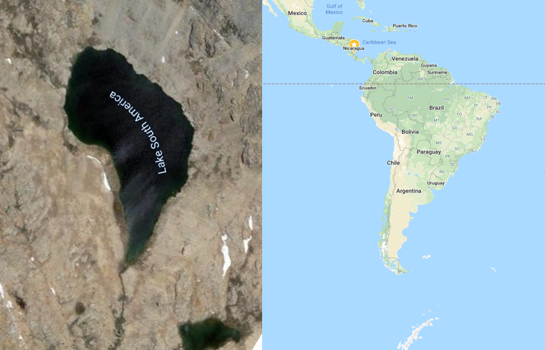 A side by side image of Lake South America satellite image next to a map of South America continent showing their similarities